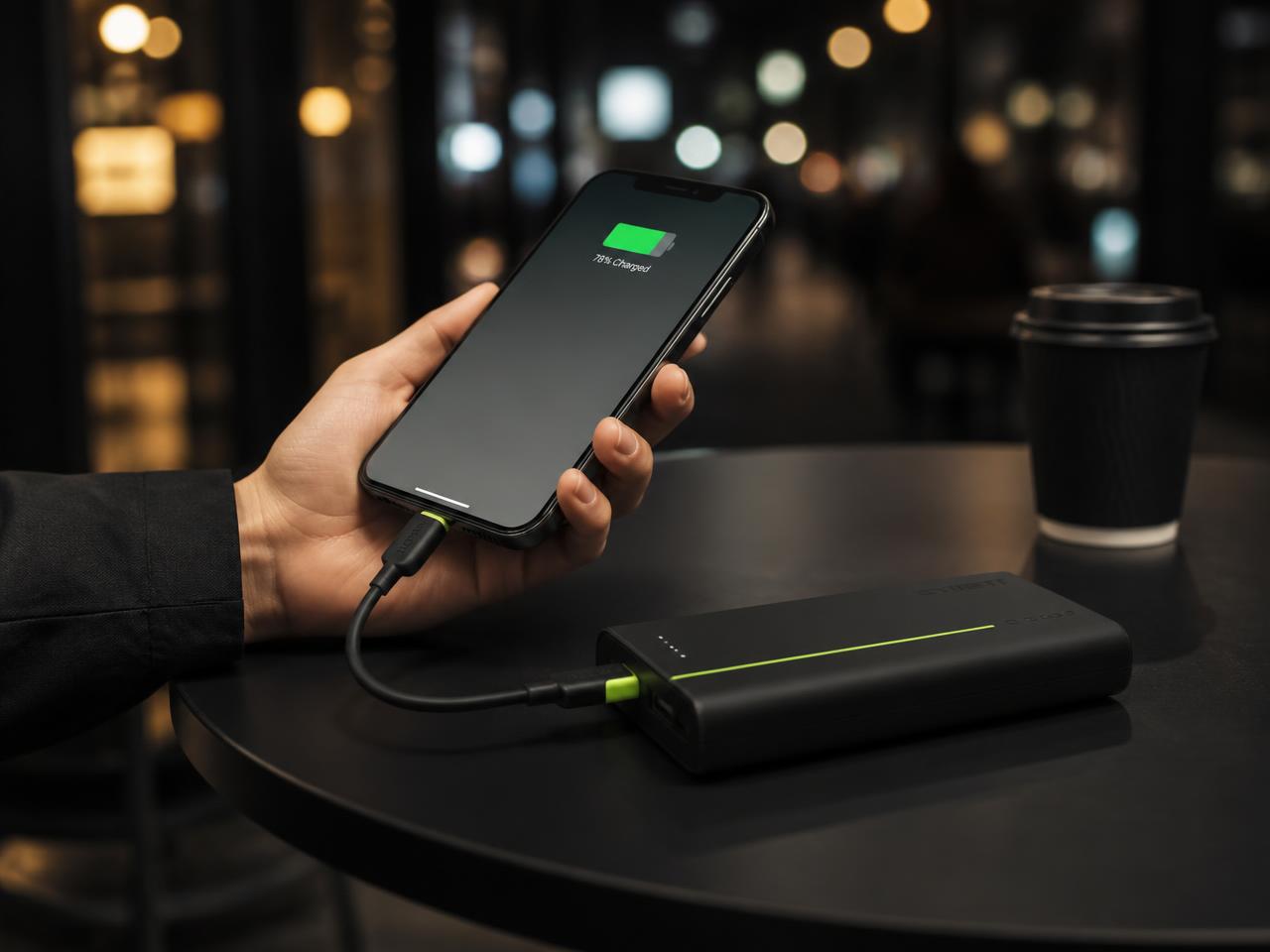 Smartphone, das an einer PlugNGo Powerbank auf einem Tisch lädt